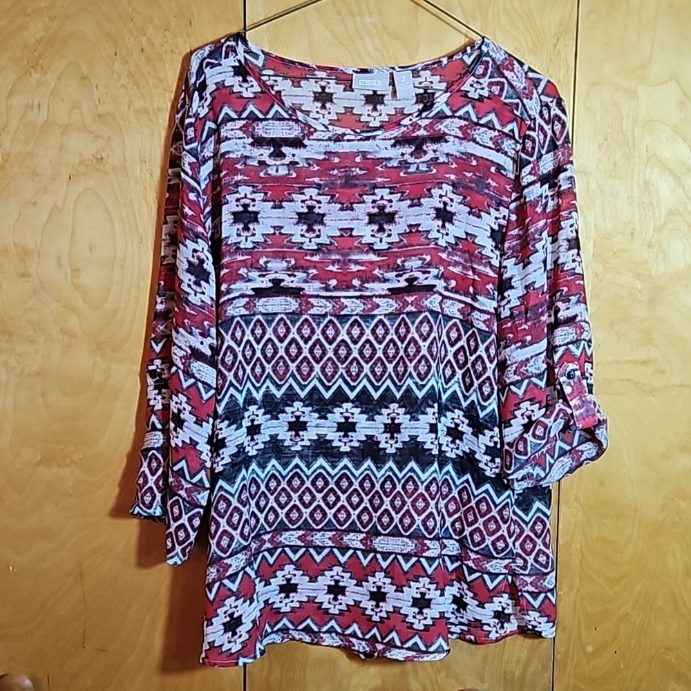 Chico's Women's  Red Aztec Print Roll Tab Sleeve Top Sheer Blouse Size 2